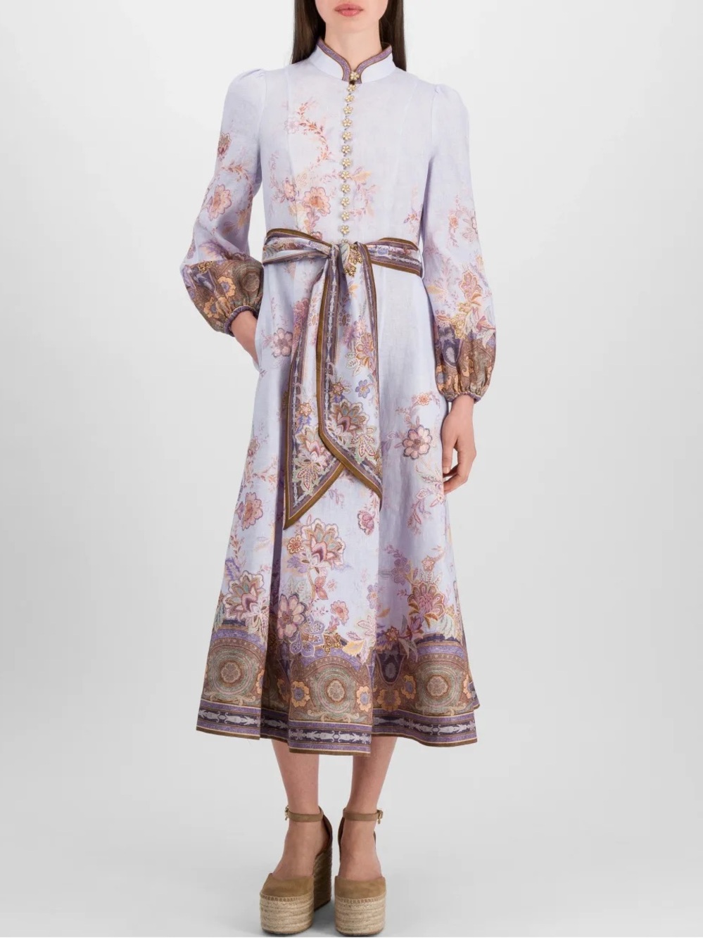 Zimmermann Luna Button Floral Linen Midi-Dress